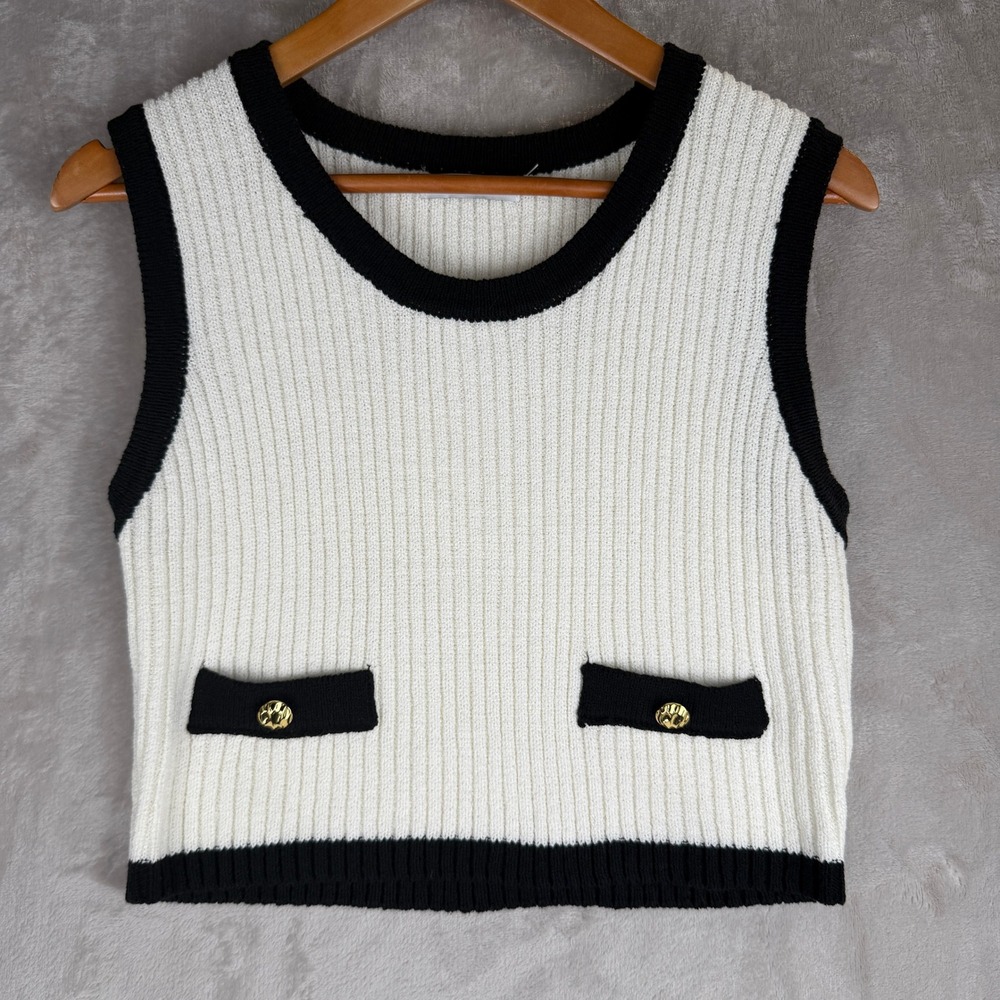 Aster Womens Ribbed Knit‎ Sweater Vest Cream Black Gold Button Trim Large
